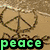 Pixelated icon with peace symbol on sand, 'peace' text below; pink and orange above blue smiley cluster with 'love <3' and 'smiles' text