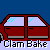 Red car with light blue windows and white text 'Clam Bake' below, showing sequential animation frames of smoke and headlights.
