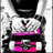 Pixelated image of a character with white gloves forming a heart shape over a pink skateboard, with text elements on pink backgrounds.