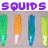 Pixelated purple text "SQUIDS" above four vertical squid-shaped icons on a gray background, with a light blue showing "SqUiD bUdDiEs 4EvEr<3" on the right