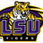 Pixelated LSU Tigers logo with tiger mascot above purple 'LSU' text on white background, adjacent to blue with yellow text reading 'LSU tigers...' and 'we're number 1'