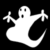 Four white ghost silhouettes on black background with varying poses and facial expressions including open mouths, closed mouths, and different arm positions.
