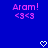 Blue background with pink text 'Aram!' and '<3<3' on left, same elements mirrored right, white pixelated hearts at bottom center.