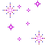pixelated starburst shapes in purple, pink, and white with blue and red accents on gray background