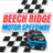 Pixelated graphic with racing theme featuring checkered flag pattern, blue car, and text 'BEECH RIDGE' in red and 'MOTOR SPORTS' in blue on white background.