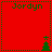 Red background with green text "Jordyn" and small Christmas tree icons in four quadrants.