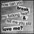 A grayscale pixelated image with abstract white shapes on a gray background and the text 'love me?' at the bottom.