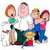 Pixelated cartoon family group with orange-haired woman, white-shirted man, blonde child, red-haired woman in blue overalls, and small child in red clothing standing together.
