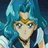 Pixelated character with blue hair and a golden headband, wearing dark clothing against a blue background.