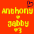 Pixelated yellow text 'anthony anthony' and 'gabby gabby' on red background with dark purple heart above, two identical side-by-side layouts.