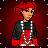 Pixelated character with red hair and black-and-white checkered shirt against dark red background, two side-by-side views showing slight pose variation.