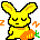 Yellow pixelated rabbit with closed eyes holding a carrot, transitioning to open-eyed stance with bow tie and green leaf.
