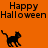 Pixelated orange background with black text and cat silhouettes, displaying "Happy Halloween" in multiple positions across the
