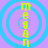 Four identical circular icons with blue concentric rings and vertical yellow text reading 'Megan' on a purple background.