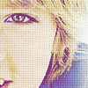Pixelated close-up of a character's face showing eye, ear, and partial mouth with blonde hair and purple-blue tones.