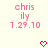 Pixelated pink text 'chris', 'ily', '1.29.10' on light background with red heart symbols below.