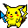 Two pixelated yellow cartoon characters with black-tipped ears, red cheek spots, and brown accents stand side-by-side against a gray background.