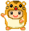 Pixel art character in hamster costume with orange fur, black eyes, red mouth, and white accents on gray background.