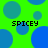 Green background with blue circles and four instances of the text 'SPICEY' in black pixelated font.