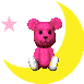 Pixelated pink bear sits on yellow crescent moon with white paws, surrounded by colored stars in three distinct poses.
