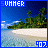 Pixelated beach scene with turquoise water, white sand, and green trees under a blue sky, framed by blue borders with text.
