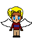 Pixel art character with yellow hair, blue eyes, white wings, maroon shirt with blue design, tan pants, and black shoes on gray background.