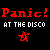 Red and white pixelated text reads "Panic! AT THE DISCO" above a red star-shaped figure on black background.