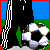 Pixel art contact sheet of an animated soccer-themed icon featuring a female character in sports attire with repeated text elements and a soccer ball prop across multiple frames.