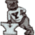Pixelated figure in dark armor stands over an anvil with a hammer, rendered in grayscale tones with visible pixelation.