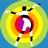 A 3x2 contact sheet of six animated frames showing a stick figure in various poses against colorful concentric circles, each frame with distinct background and foreground color variations.
