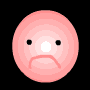 Pink circular icon with white nose and black eyes showing sad expression, transitioning through sunglasses, mouth shapes, and a small burst effect.