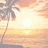 Pixelated beach sunset scene with palm trees and text overlays, rendered in warm orange and yellow tones.