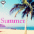 Pixelated beach scene with palm trees and 'Summer' text, featuring a heart icon that changes from white to pink between two frames.