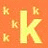Yellow letters k, a, t, i, e on orange background with scattered smaller versions of the same letters.