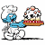 A pixelated cartoon image of a Smurf chef holding a decorated cake on a tray, with green text reading "Original Icons .com" on the right side.