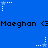 Blue background with repeated black text 'Maeghan' and star-shaped pixel art animations in white and light blue.
