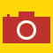Six red camera icons on yellow background with circular lens elements transitioning from dark red to white, ending with a white starburst shape.