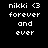 Pixelated white text on black background reads 'nikki <3 forever and ever' in four lines, with identical repeated content across two