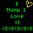 Green pixelated text and symbols on black background with yellow heart symbol above 'I Think I Love =]'