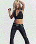 Britney Spears in multiple poses: standing with fists raised, leaning against a wall, seated on a blue couch, kneeling, and dancing with backup dancers.