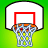 Pixelated basketball hoop with white backboard, red square rim, and blue net against green background; ball appears in first then disappears