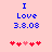 Blue text "I Love 3.8.08" on pink background with red and light-red heart icons below, two variations of heart positions.