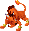 A 4-frame animated contact sheet of a pixelated orange lion-like creature with brown mane, yellow wristbands, and flame-tipped tail in various poses on gray background.