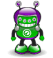Animated green robot with purple helmet and antennae, smiling face showing four eyes, chest symbol of white lightning bolt on green circle.