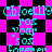 Pixelated cyan text on a black-and-magenta checkered background with repeating diamond shapes.