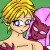 Pixelated cartoon-style icon of a character with blonde hair and blue eyes holding a pink flower against a green background.