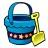 Blue bucket with yellow shovel attached, featuring a decorative band of orange and purple shapes on its side.