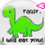 Green pixelated dinosaur with blue eye stands on white background, pink heart symbol in top right corner, text "ROAR." above and "I will eat you" below.