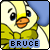 Pixelated cartoon bird with blue hair, yellow beak, and green scarf; text "BRUCE" below in light blue block letters.
