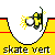 Pixelated animation of a yellow figure performing skate tricks on gray ramps with white circular effects, repeated